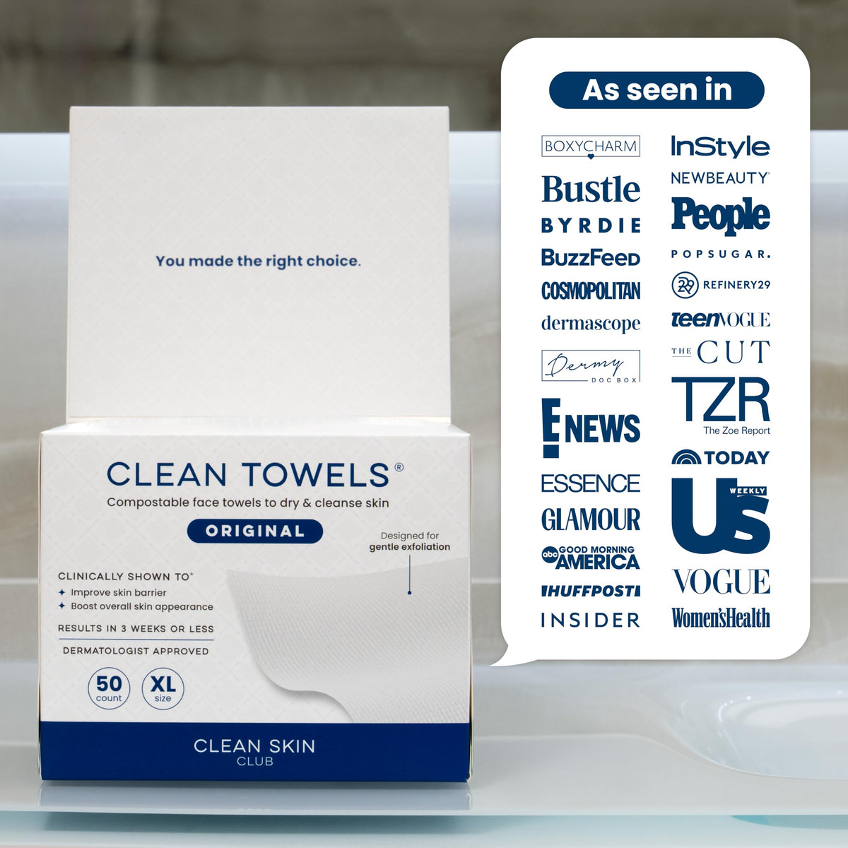 Reduces Fine Lines and Wrinkles in 6 weeks or Less, CLEAN SKIN CLUB Healthy Aging Clean Towels® XL, Disposable Face Towels, XL - 1 Pack (50 count)